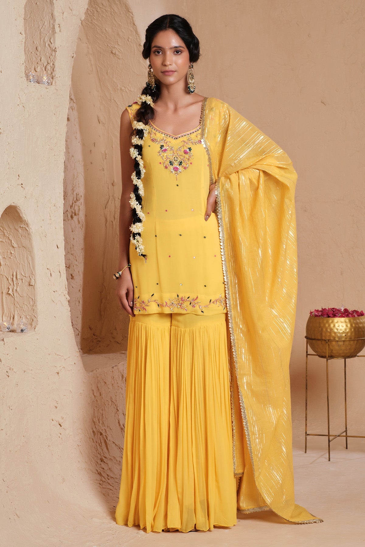 Buy Mustard Embroidered Gharara Set for women online available at Scrollnshops